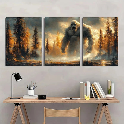 3pcs Rustic Forest Scene with Giant Ape Metal Print Ready to Hang Art