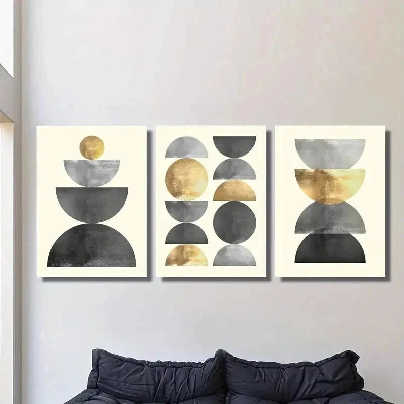 3pcs Golden & Metallic Geometric Circles Wall Art Set Canvas Framed 40x60cm - High Quality Print 100% Australian Made Wall Canvas Ready to Hang