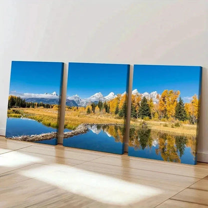 3pcs Autumn Mountain Lake Forest Modern Wall Art Set Canvas Framed 40x60cm - High Quality Print 100% Australian Made Wall Canvas Ready to Hang