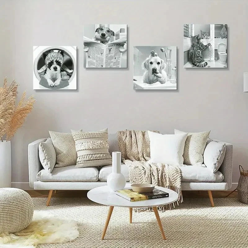 4pcs Cute Cat Dog Wall Art Canvas Framed