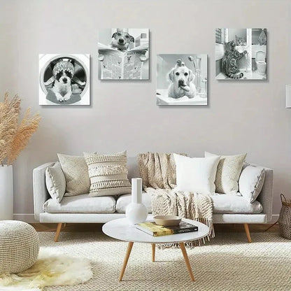 4pcs Cute Cat Dog Wall Art Canvas Framed