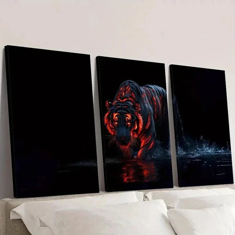 3pcs Stunning Fiery Tiger on Water Painting Wall Art Set Canvas Framed 40x60cm - High Quality Print 100% Australian Made Wall Canvas Ready to Hang