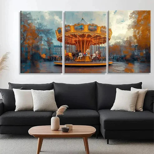 3pcs Vintage Carousel in Autumn Park Perfect Wall Art Set Canvas Unframed - High Quality Print 100% Australian Made Wall Canvas