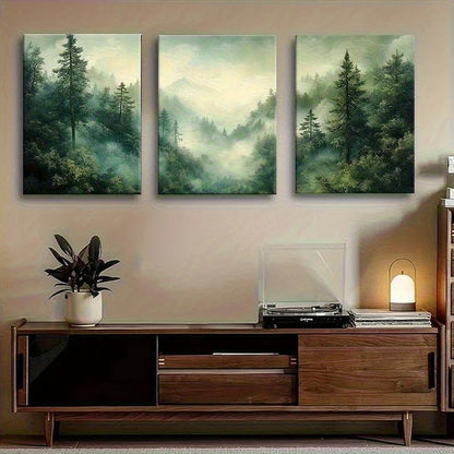 3pcs Misty Green Forest Landscape Serene Nature Metal Print Ready to Hang Art