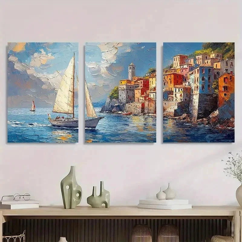 3pcs Vibrant Sailboat & Coastal Town Perfect Wall Art Set Canvas Framed 40x60cm - High Quality Print 100% Australian Made Wall Canvas Ready to Hang