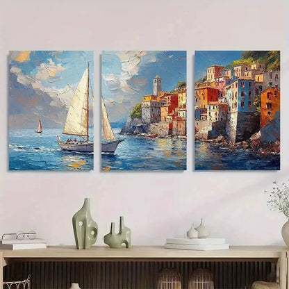 3pcs Vibrant Sailboat & Coastal Town Perfect Wall Art Set Canvas Framed 40x60cm - High Quality Print 100% Australian Made Wall Canvas Ready to Hang