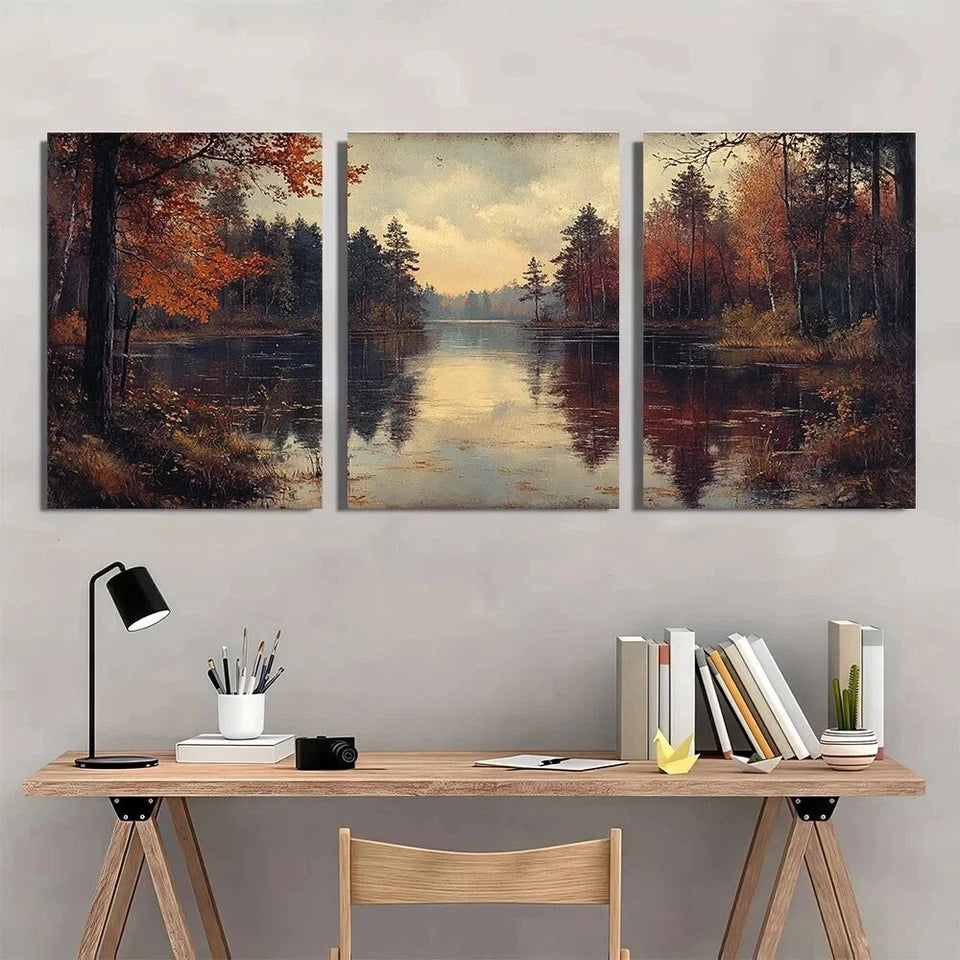3pcs Vintage River Forest Autumn Trees Metal Print Ready to Hang Art