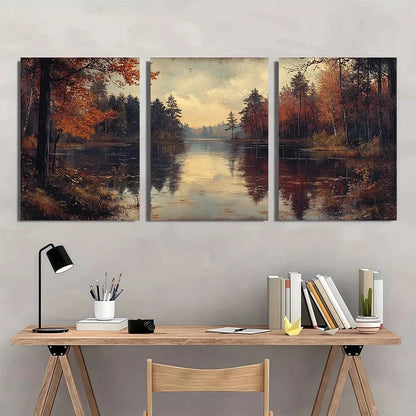 3pcs Vintage River Forest Autumn Trees Metal Print Ready to Hang Art