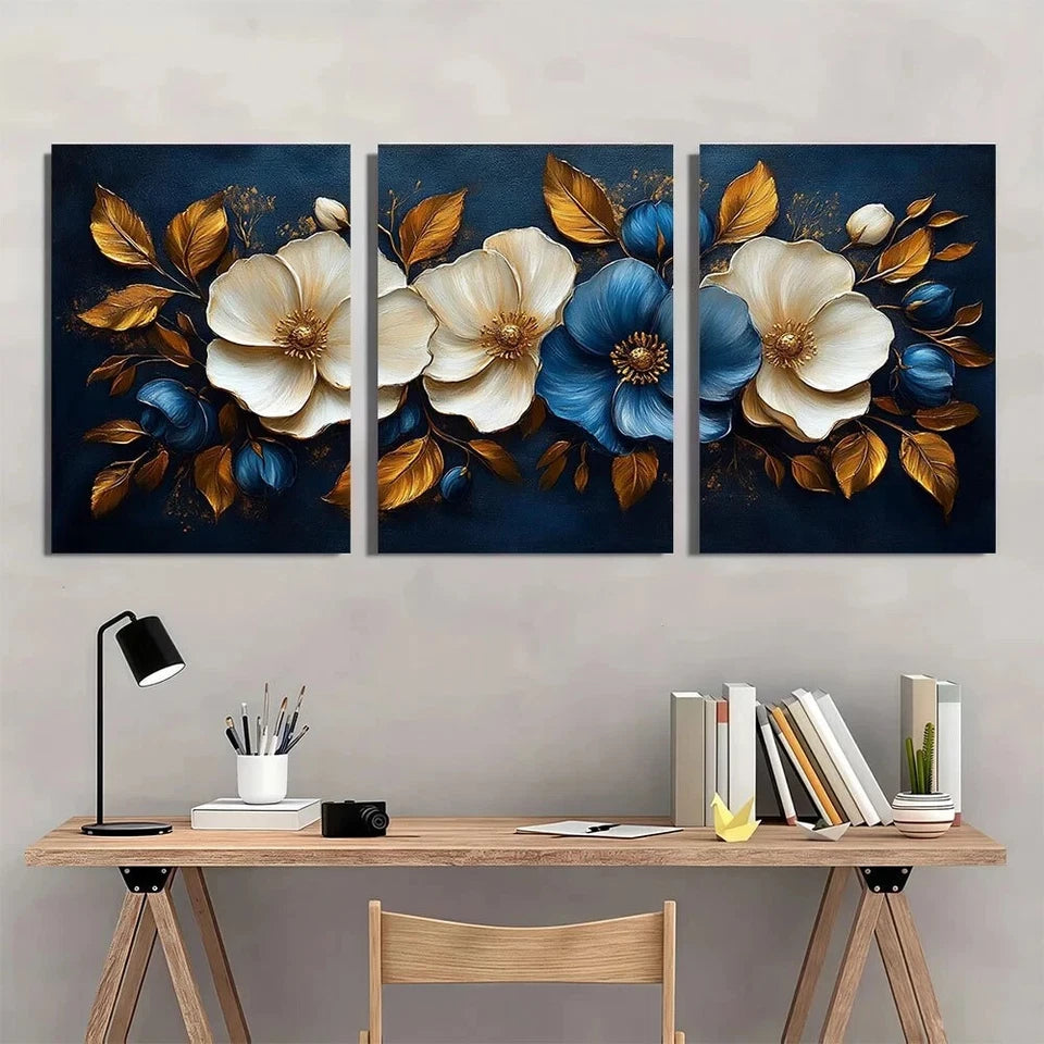 3pcs White And Navy Blue Flowers Golden Leaves Metal Print Ready to Hang Art