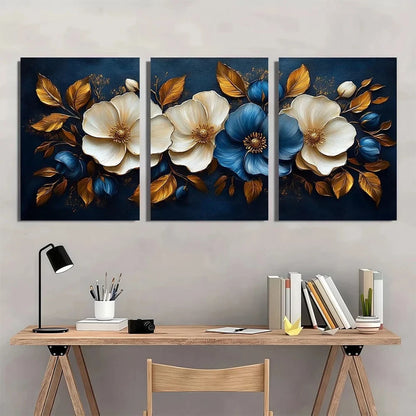 3pcs White And Navy Blue Flowers Golden Leaves Metal Print Ready to Hang Art