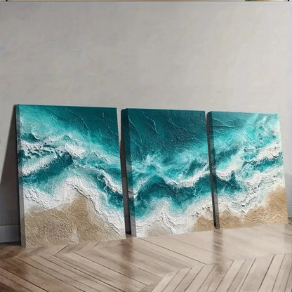 3pcs Ocean Waves Rendered In Hyper Wall Art Set Canvas Framed 40x60cm - High Quality Print 100% Australian Made Wall Canvas Ready to Hang