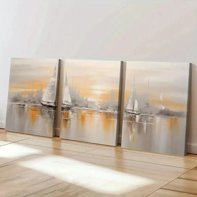 3pcs Abstract Golden Hour Sailing Ships Wall Art Set Canvas Framed 40x60cm - High Quality Print 100% Australian Made Wall Canvas Ready to Hang