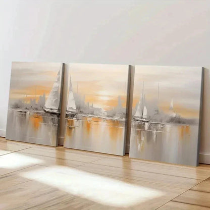 3pcs Abstract Golden Hour Sailing Ships Wall Art Set Canvas Framed 40x60cm - High Quality Print 100% Australian Made Wall Canvas Ready to Hang
