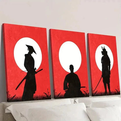 3pcs Red Samurai Silhouette with Sword Wall Art Canvas Unframed - High Quality Print 100% Australian Made Wall Canvas