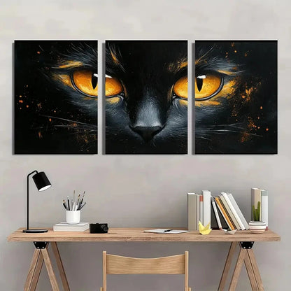 3pcs Vibrant Black White Cat Golden Eyes Metal Print Ready to Hang Art
