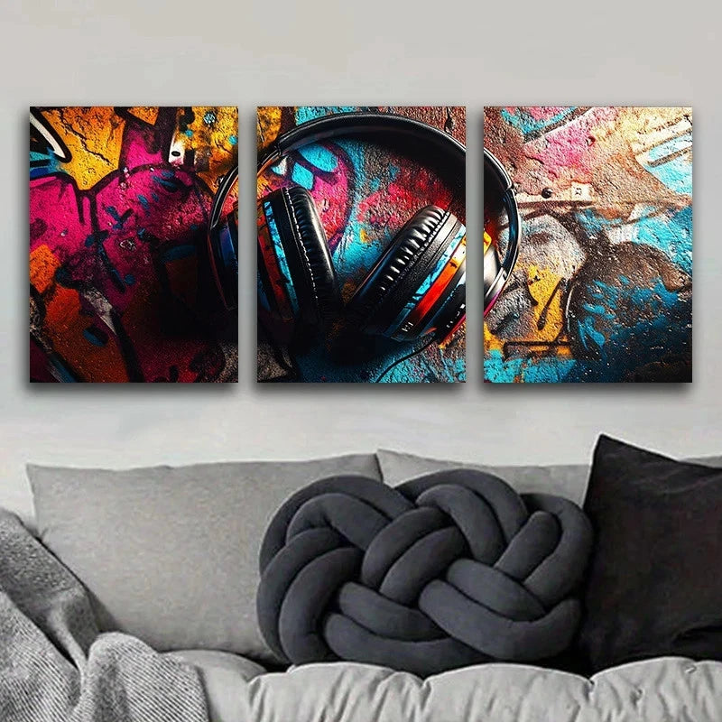 3pcs Featuring Graffiti Art With Headphones Metal Print Ready to Hang Art