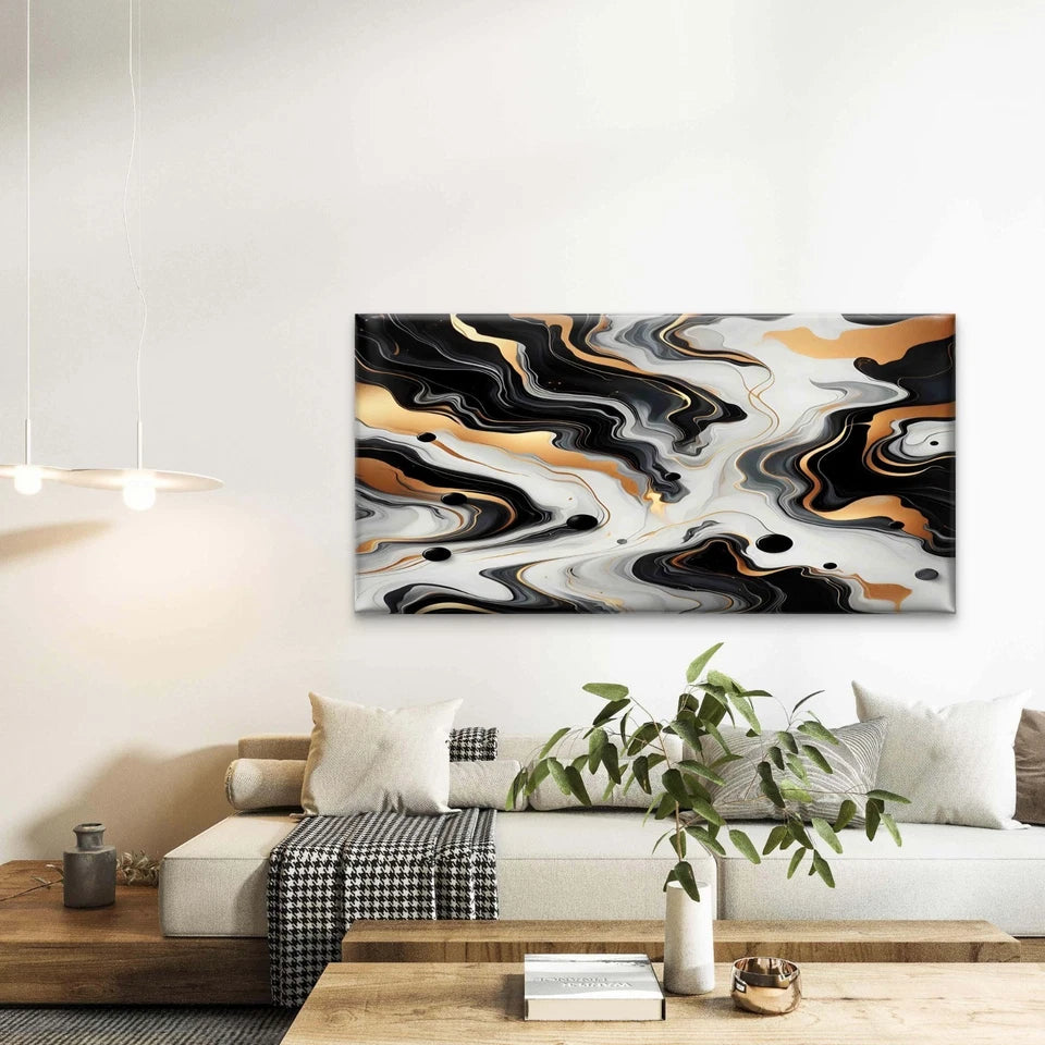 Abstract Black White Gold Swirl Wall Art Canvas Office Home Room Framed 120x60cm