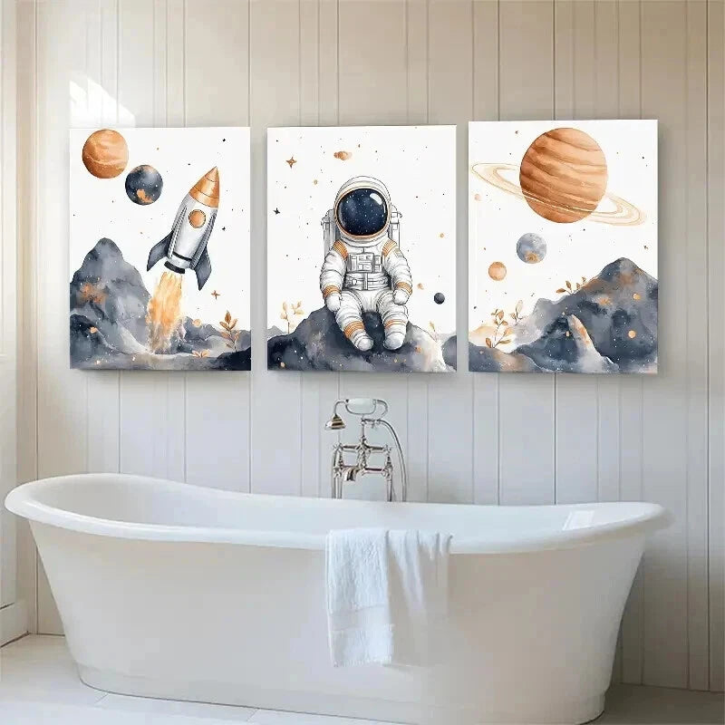 3pcs Astronaut Space Whimsical Space Perfect Wall Art Set Canvas Framed 40x60cm - High Quality Print 100% Australian Made Wall Canvas Ready to Hang