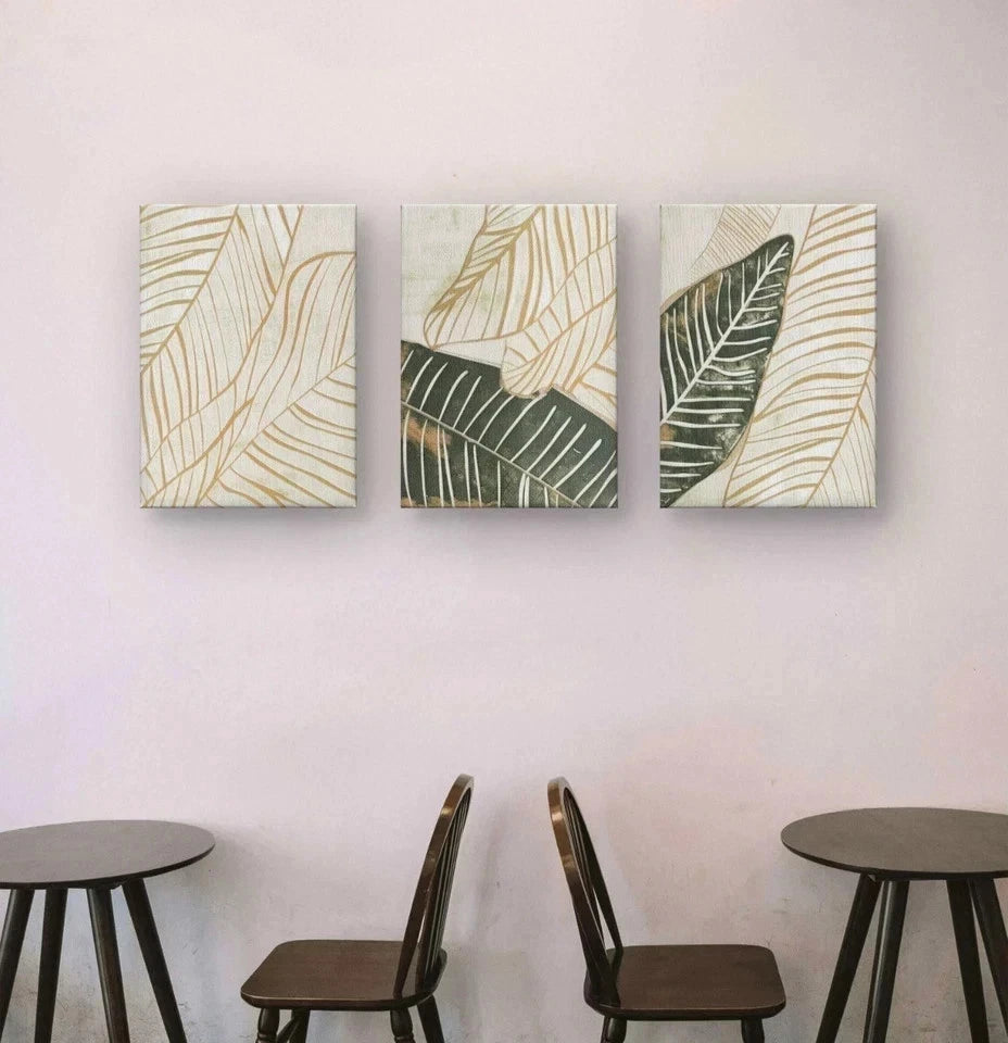 3pcs Modern Neutral Botanical Leaf Line Art Wall Art Set Canvas Framed 60x90cm - High Quality Print 100% Australian Made Wall Canvas Ready to Hang