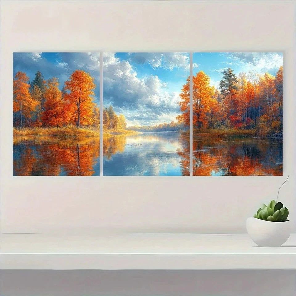 3pcs Vibrant Autumn Colorful Tree River Wall Art Set Canvas Framed 60x90cm - High Quality Print 100% Australian Made Wall Canvas Ready to Hang