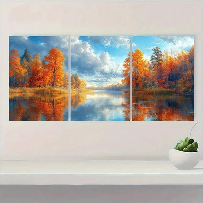 3pcs Vibrant Autumn Colorful Tree River Wall Art Set Canvas Framed 60x90cm - High Quality Print 100% Australian Made Wall Canvas Ready to Hang