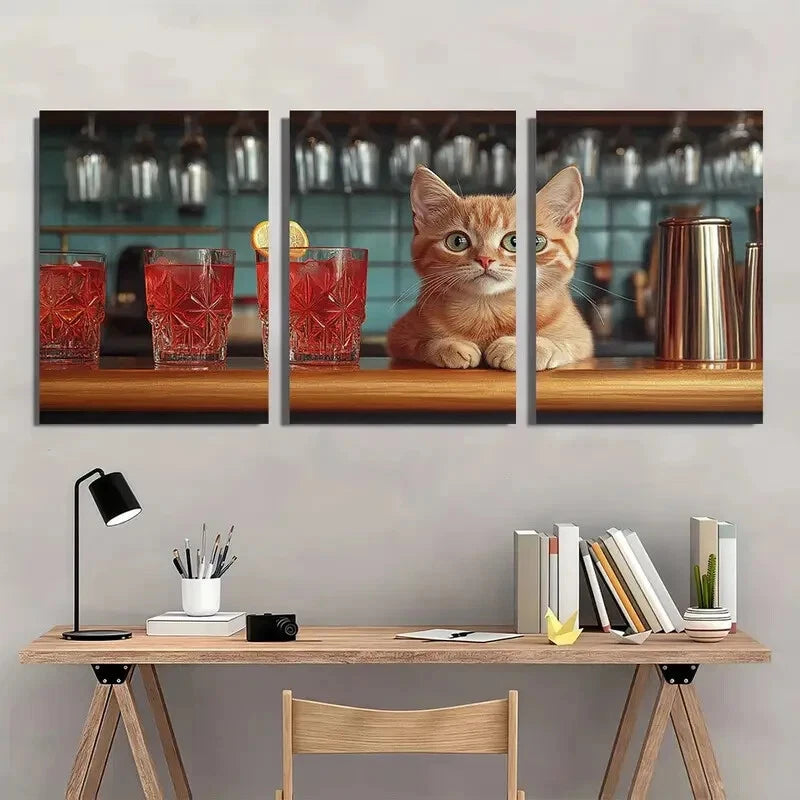 3pcs Modern Atomic Cocktail Bar Pink Cat Metal Print Ready to Hang Art