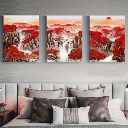 3pcs Traditional Chinese Red Mountains Metal Print Ready to Hang Art