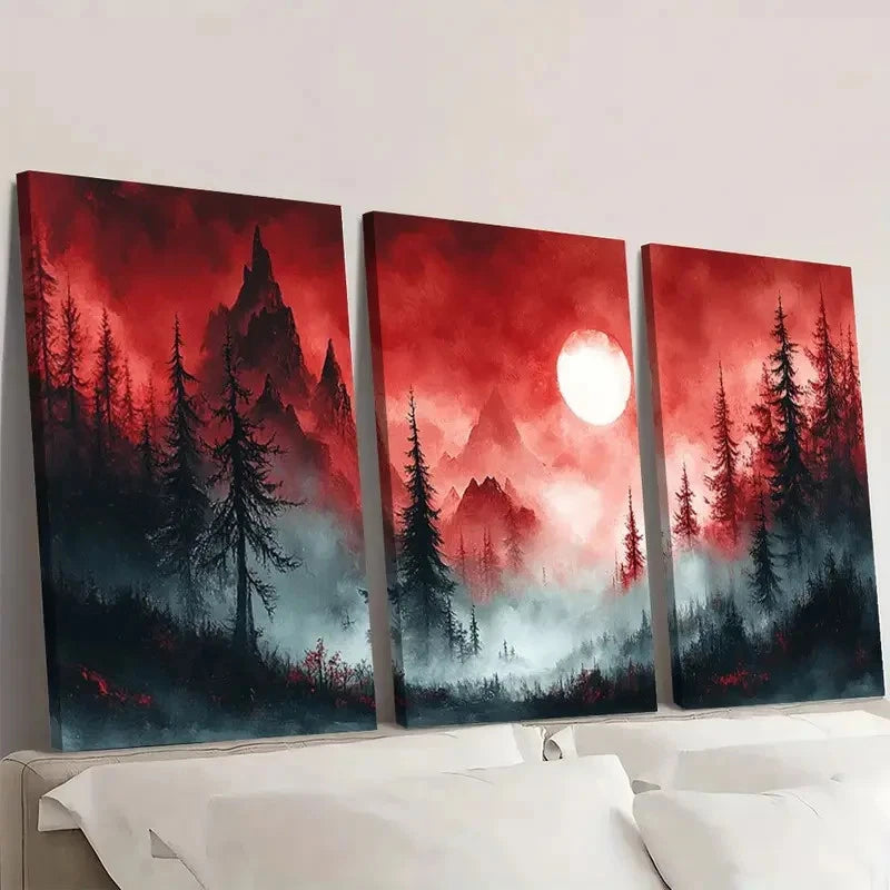 Three-panel painting of a forest scene with a red sky and moon.