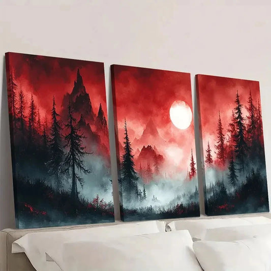 Three-panel painting of a forest scene with a red sky and moon.