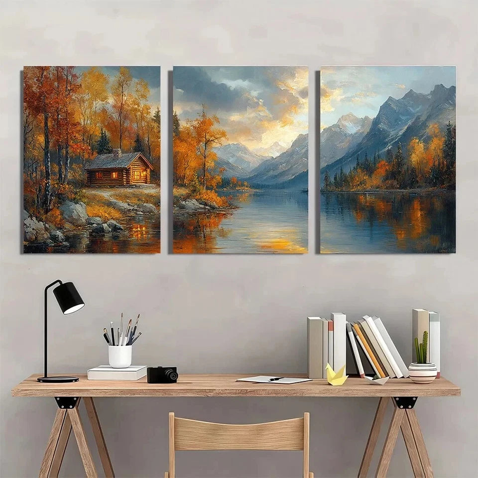 3pcs Autumn Forest Mountain Lake & Sunset Scenery Metal Print Ready to Hang Art