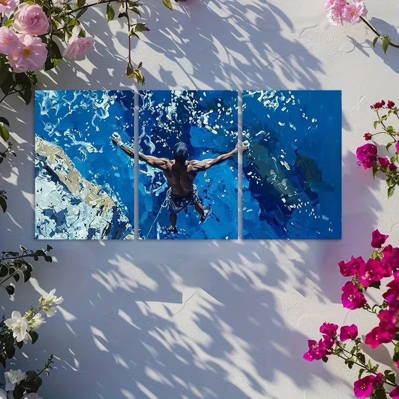 3pcs Man Engaged in Deep Water Soloing Metal Print Ready to Hang Art