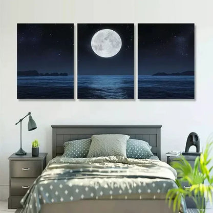 3pcs Full Moon on a Dark Night with Stars Wall Art Set Canvas Framed 60x90cm - High Quality Print 100% Australian Made Wall Canvas Ready to Hang