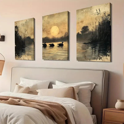 3pcs Pond Antique Classic Nature Décor Perfect Wall Art Set Canvas Framed 40x60cm - High Quality Print 100% Australian Made Wall Canvas Ready to Hang