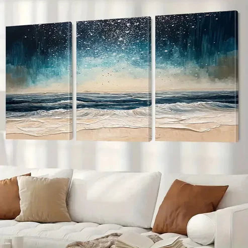 3pcs Abstract Night Beach Waves Classic Canvas Unframed - High Quality Print 100% Australian Made Wall Canvas