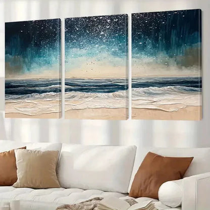 3pcs Abstract Night Beach Waves Classic Canvas Unframed - High Quality Print 100% Australian Made Wall Canvas