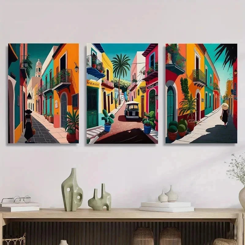 3pcs Colorful Retro Mexican Street Mural Perfect Wall Art Set Canvas Framed 40x60cm - High Quality Print 100% Australian Made Wall Canvas Ready to Hang