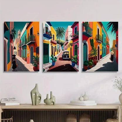 3pcs Colorful Retro Mexican Street Mural Perfect Wall Art Set Canvas Framed 40x60cm - High Quality Print 100% Australian Made Wall Canvas Ready to Hang