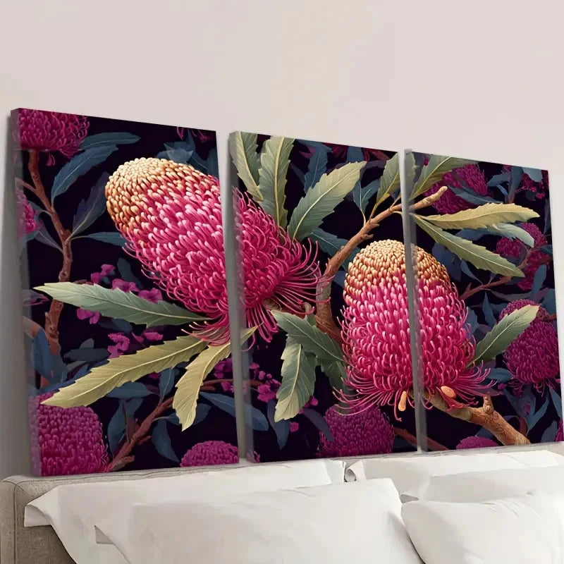 3pcs Banksia Australian Wild flower Wall Art Set Canvas Framed 50x70cm - High Quality Print 100% Australian Made Wall Canvas Ready to Hang