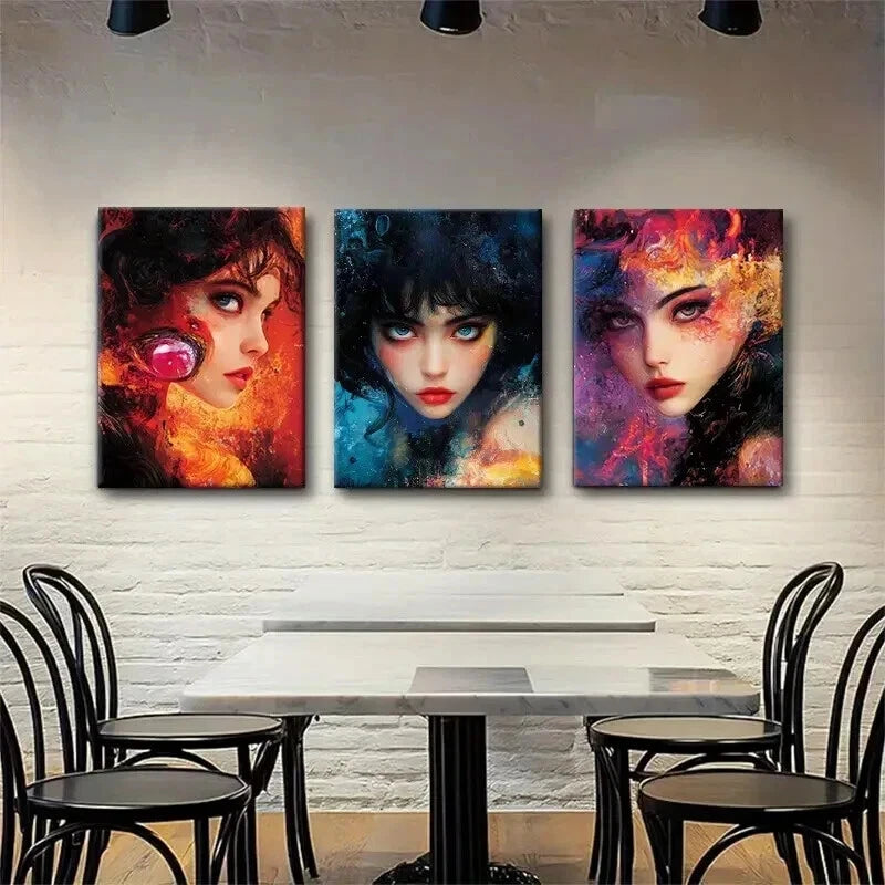3pcs Mysterious Women Faces Vibrant Perfect Wall Art Set Canvas Framed 40x60cm - High Quality Print 100% Australian Made Wall Canvas Ready to Hang