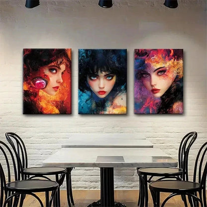 3pcs Mysterious Women Faces Vibrant Perfect Wall Art Set Canvas Framed 40x60cm - High Quality Print 100% Australian Made Wall Canvas Ready to Hang