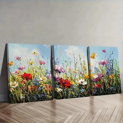 3pcs Vibrant Wildflower Scene Wall Art Set Canvas Framed 50x70cm - High Quality Print 100% Australian Made Wall Canvas Ready to Hang