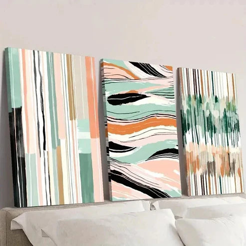 3pcs Modern Colorful Striped Green & Pink Wall Art Canvas Unframed – High Quality Print 100% Australian Made Wall Canvas