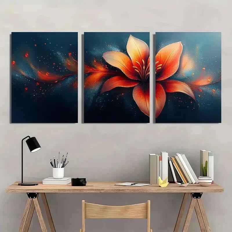 3pcs Flowy Lily Petals in Orange Red & Blue Wall Art Set Canvas Framed 40x60cm - High Quality Print 100% Australian Made Wall Canvas Ready to Hang