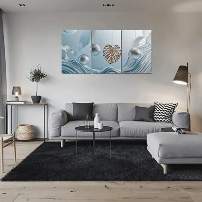 3pcs Blue and Silvery Leaf Abstract Metal Print Ready to Hang Art