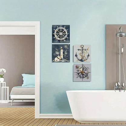 4pcs Nautical Ship Wheel Boat Anchor Lighthouse Wall Art Canvas Framed