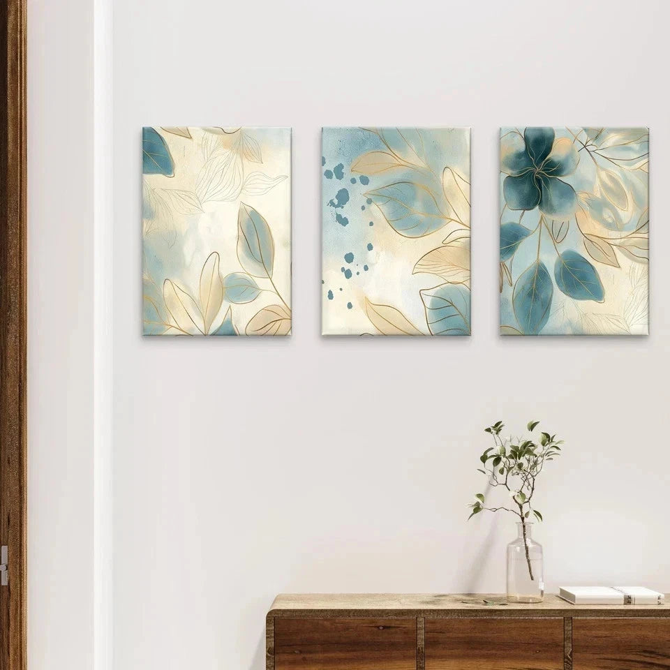 3pcs Modern Blue and Gold Floral Watercolour Wall Art Set Canvas Framed 50x70cm - High Quality Print 100% Australian Made Wall Canvas Ready to Hang