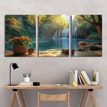 3pcs Vibrant Forest & Waterfall Scenery Metal Print Ready to Hang Art
