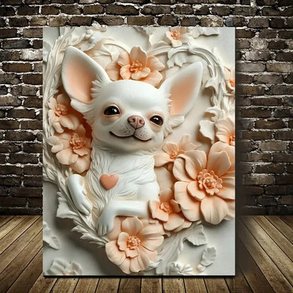 Humorous Chihuahua Surrounded by Flowers Painting 40x60cm Metal Print Ready to Hang