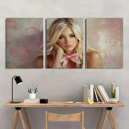3pcs Blonde Girl Coquette Pink Bow Perfect Wall Art Set Canvas Framed 40x60cm - High Quality Print 100% Australian Made Wall Canvas Ready to Hang