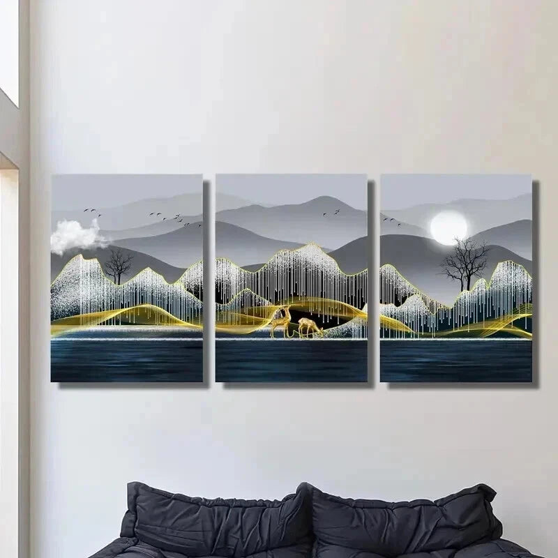 3pcs Elk Trees Mountains River Full Moon Wall Art Set Canvas Framed 40x60cm - High Quality Print 100% Australian Made Wall Canvas Ready to Hang